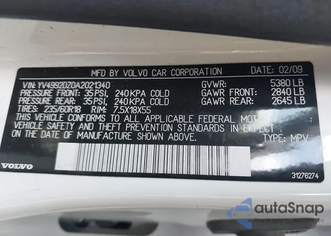 2010 Volvo Xc60 T6/T6 R-Design z USA, uszkodzony, nr VIN YV4992DZ0A2021340